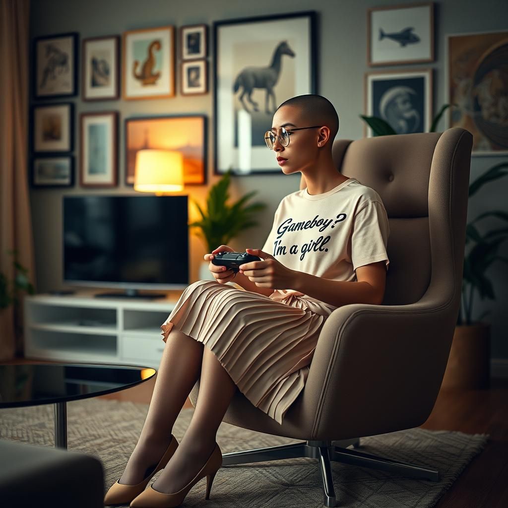 Elegant Gamer Girl in Cozy Living Room