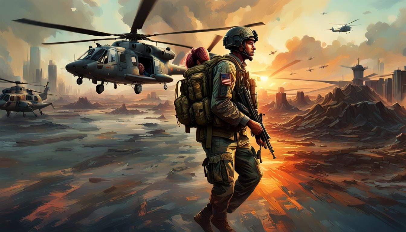 Soldier Saving Woman: Hyperrealistic Concept Art