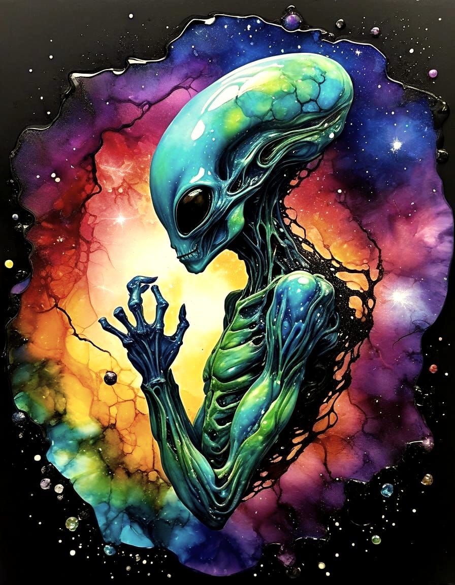 Nebula Alien in Alcohol Ink Style