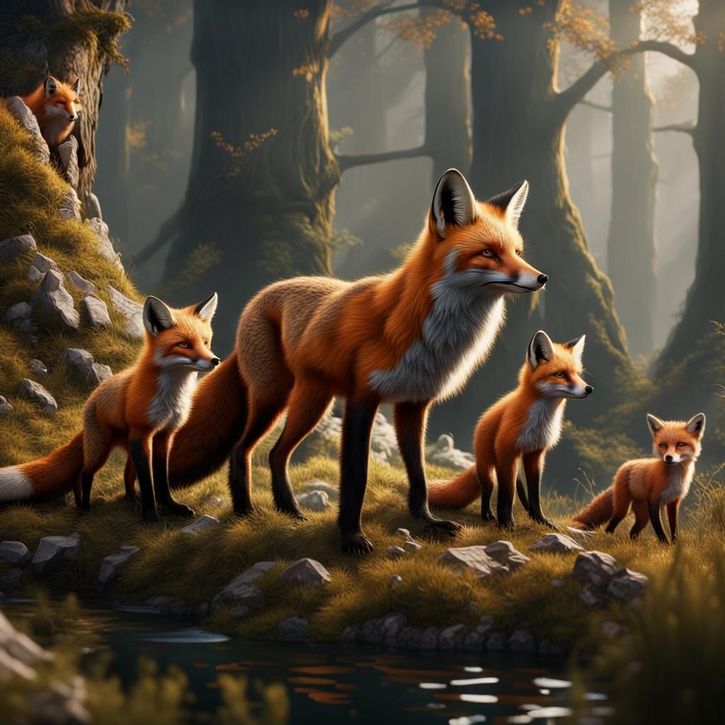 Fox Family Hunting: Detailed Matte Painting