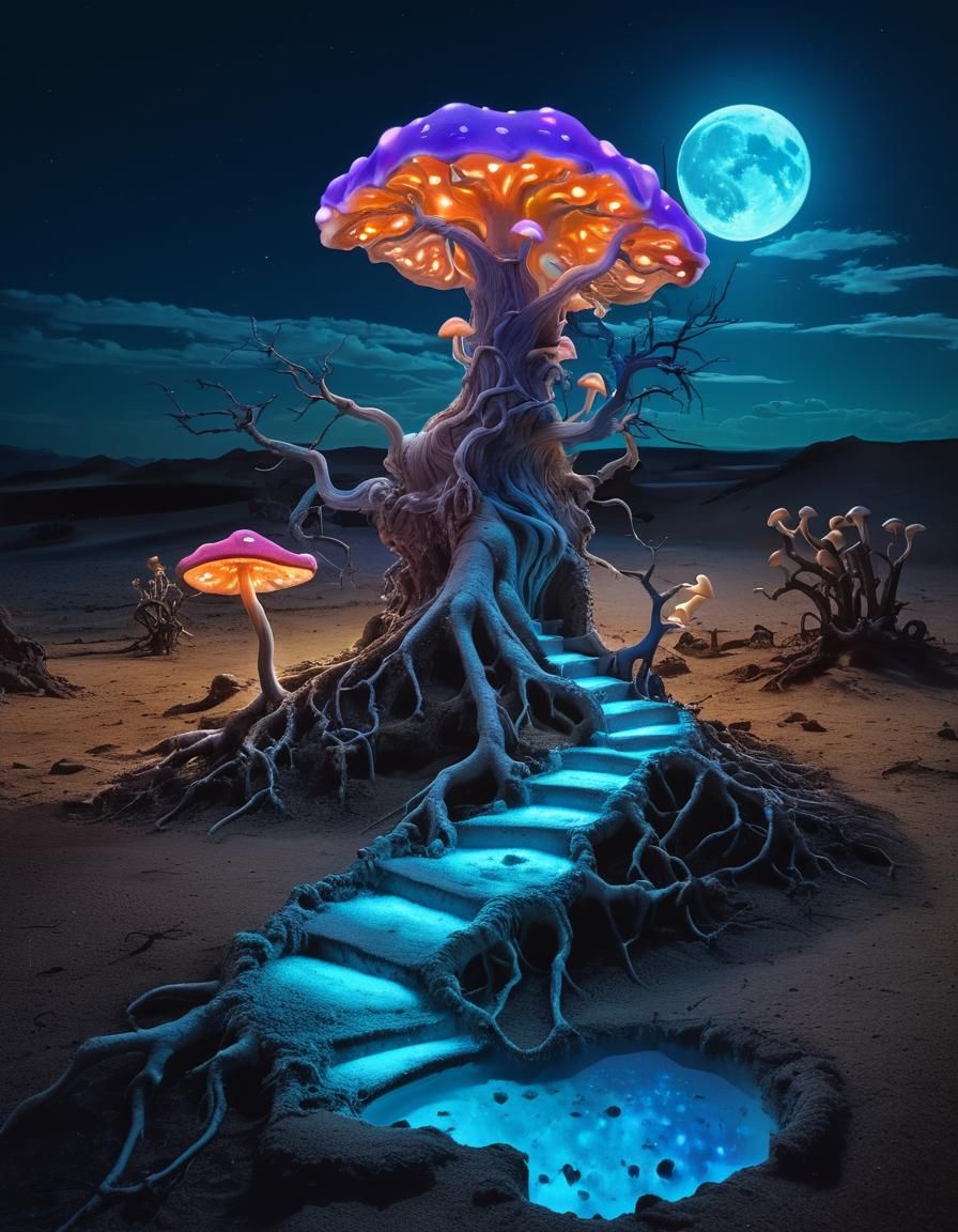 Surreal Dreamscape: Iridescent Tree in Moonlit Desert
