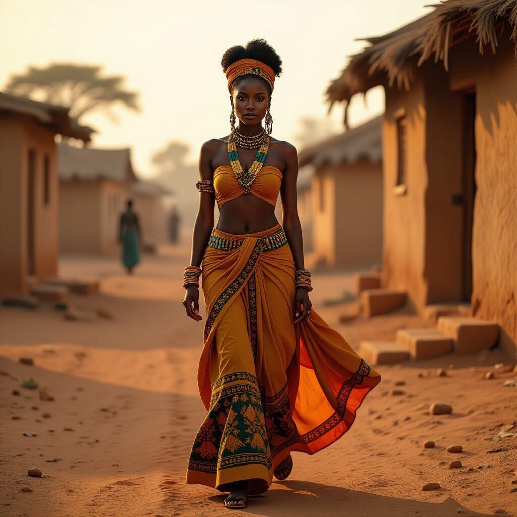 African Woman in Flowing Dress with Ornate Hairpiece