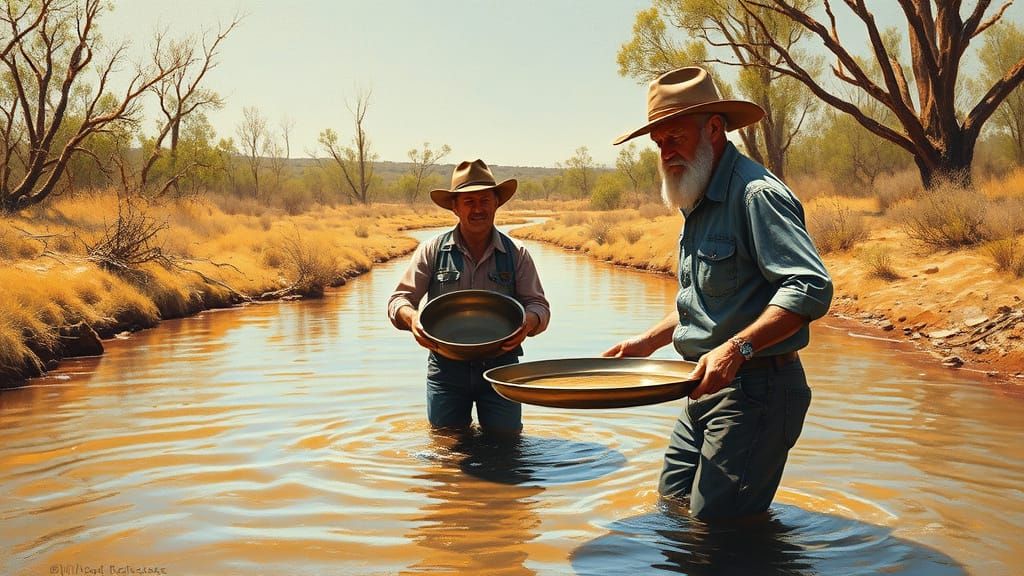 Grizzled Prospector Panning for Gold in Outback Creek