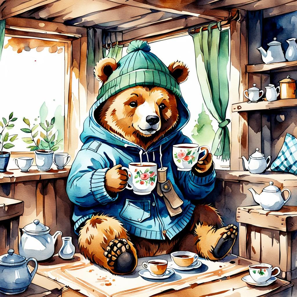 Cute Bear Drinking Tea in Den, Watercolor Sketch