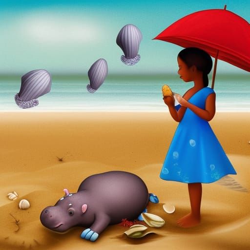 Girl with pet hippo at the beach