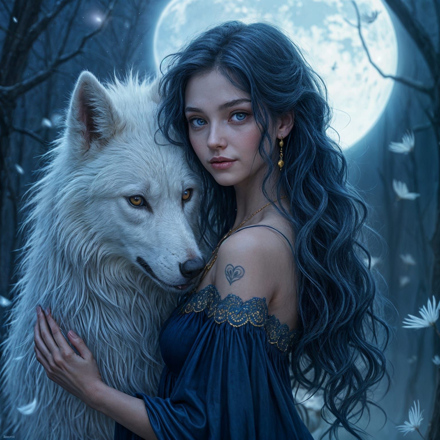 Ethereal Fantasy Scene of Young Woman and Majestic White Wol...