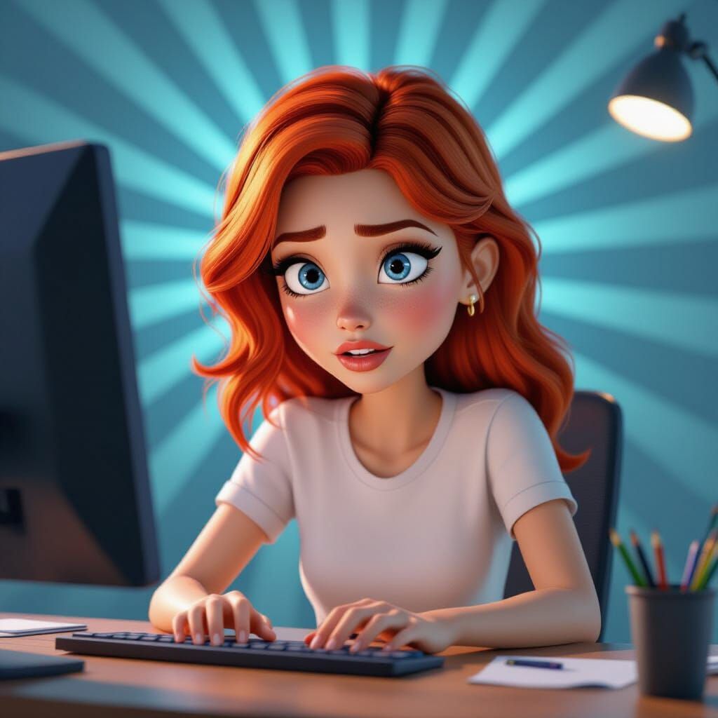 Red-Haired Woman Typing Intensely in Disarray, Pixar Style