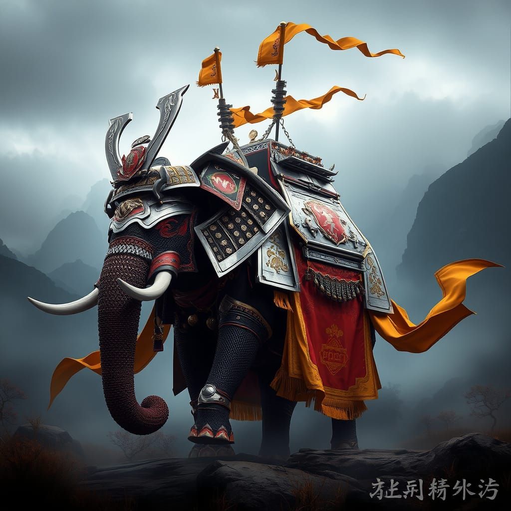 Traditional Japanese samurai outfit on a battle elephant