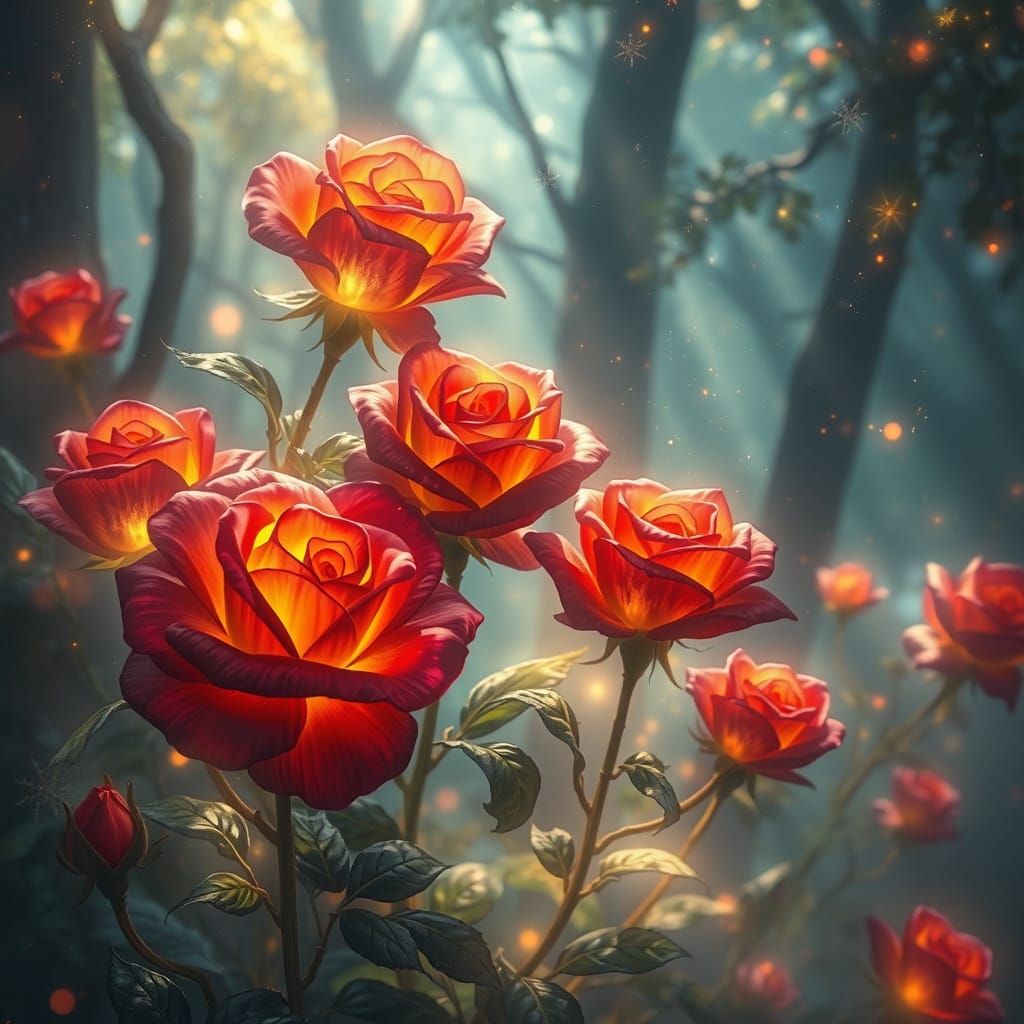 Enchanted Glowing Roses in Mystical Forest