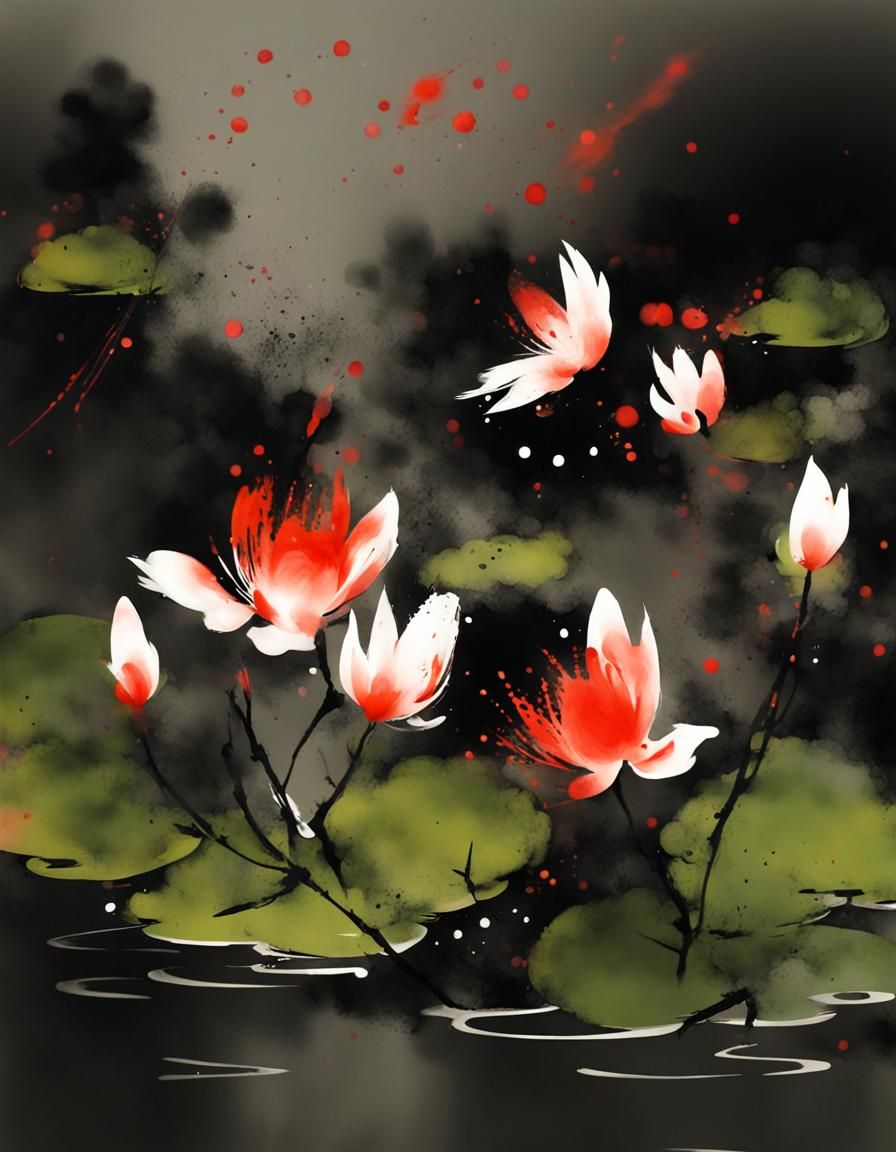 Lilly Pads in Chinese Ink Wash Style