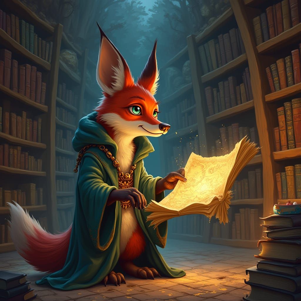 Anthropomorphic Fox Wizard Reads Glowing Map in Infinite Lib...