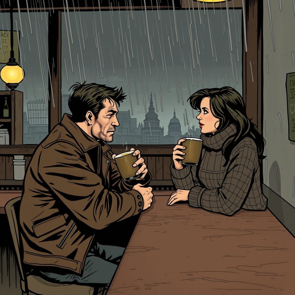 Rainy Bar Scene in Comic Book Style