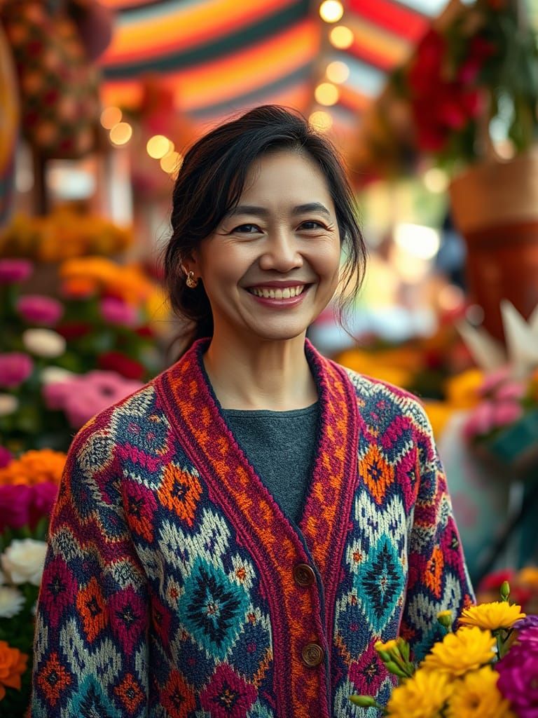 Happy Flower Vendor in Hyperrealist Digital Art