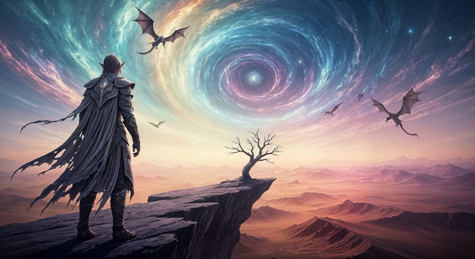 Elf Wanderer on Alien Desert Cliff with Dragons