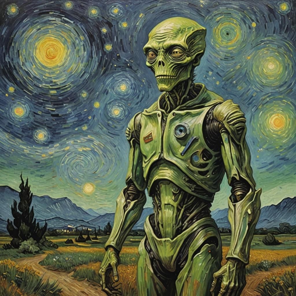 Alien Discovery in Van Gogh Style Painting