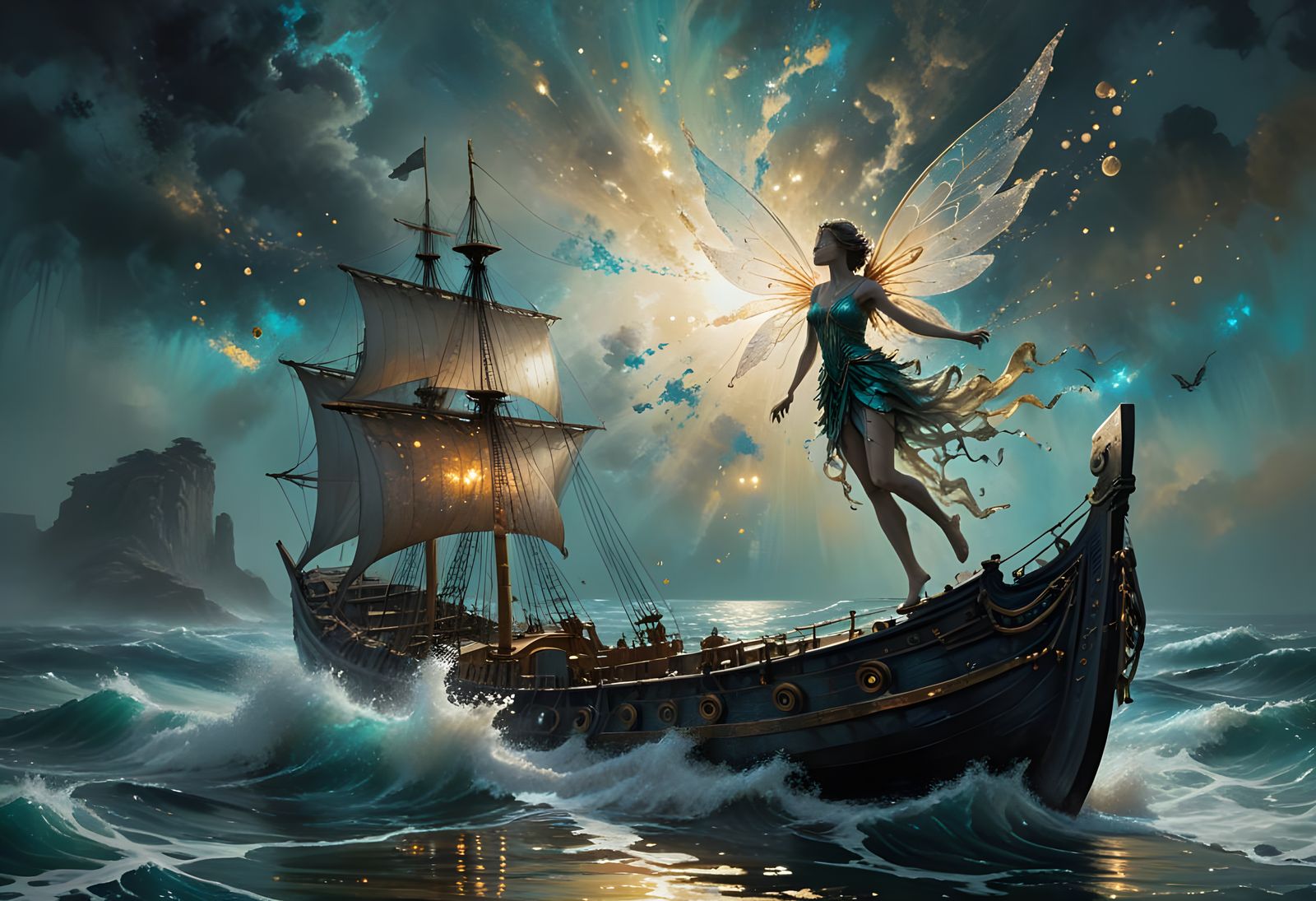 Fairy Over Ancient Ship in Soft Impasto Painting