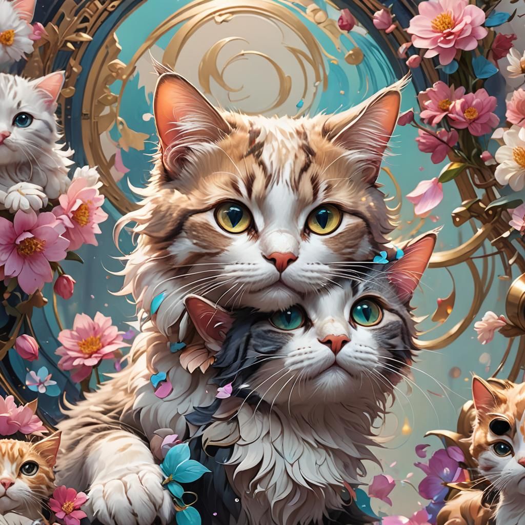 Adorable Kawaii Cat and Kitten Portrait in 8k