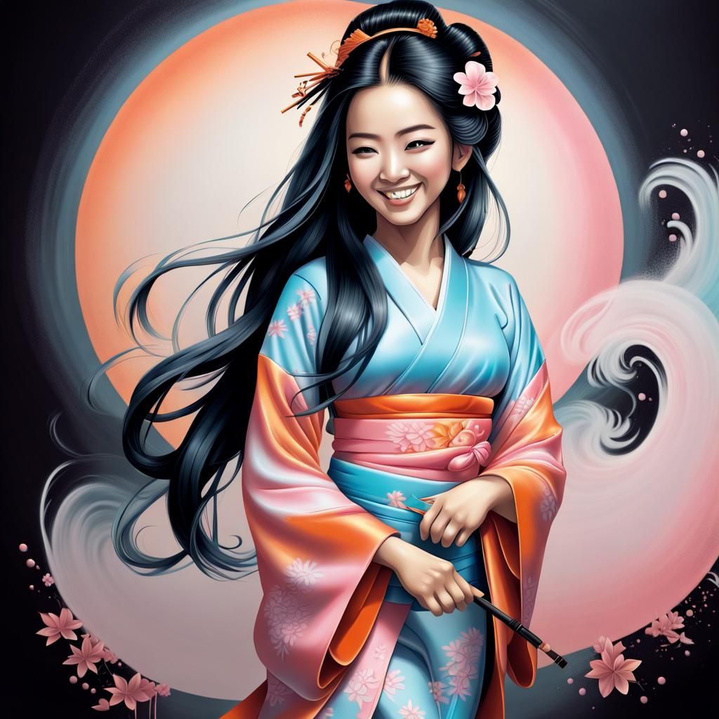 Airbrush Illustration of Asian Woman in Geisha Outfit