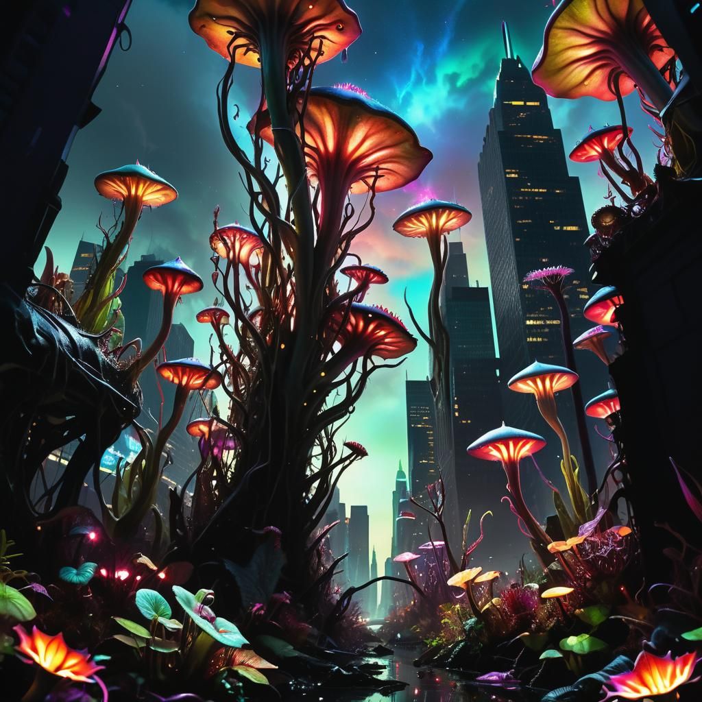 Apocalyptic New York Skyline with Bioluminescent Alien Plant...