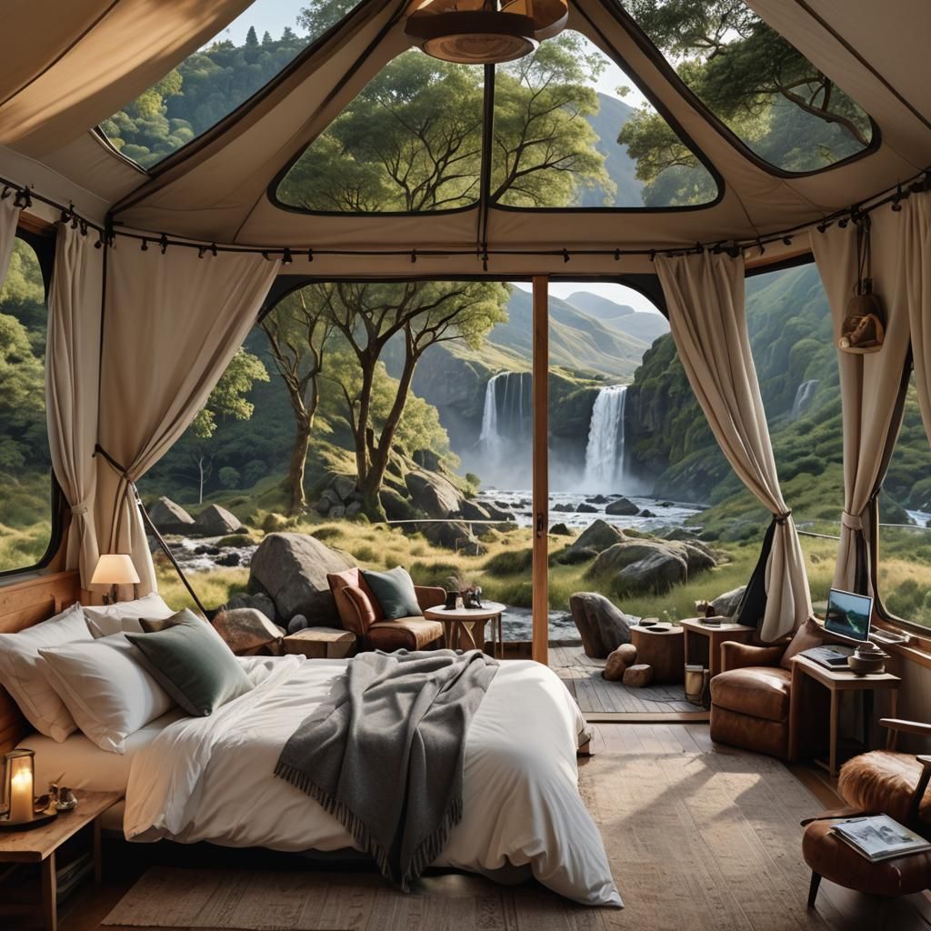 Hyperrealistic Tent View of Wilderness Landscape
