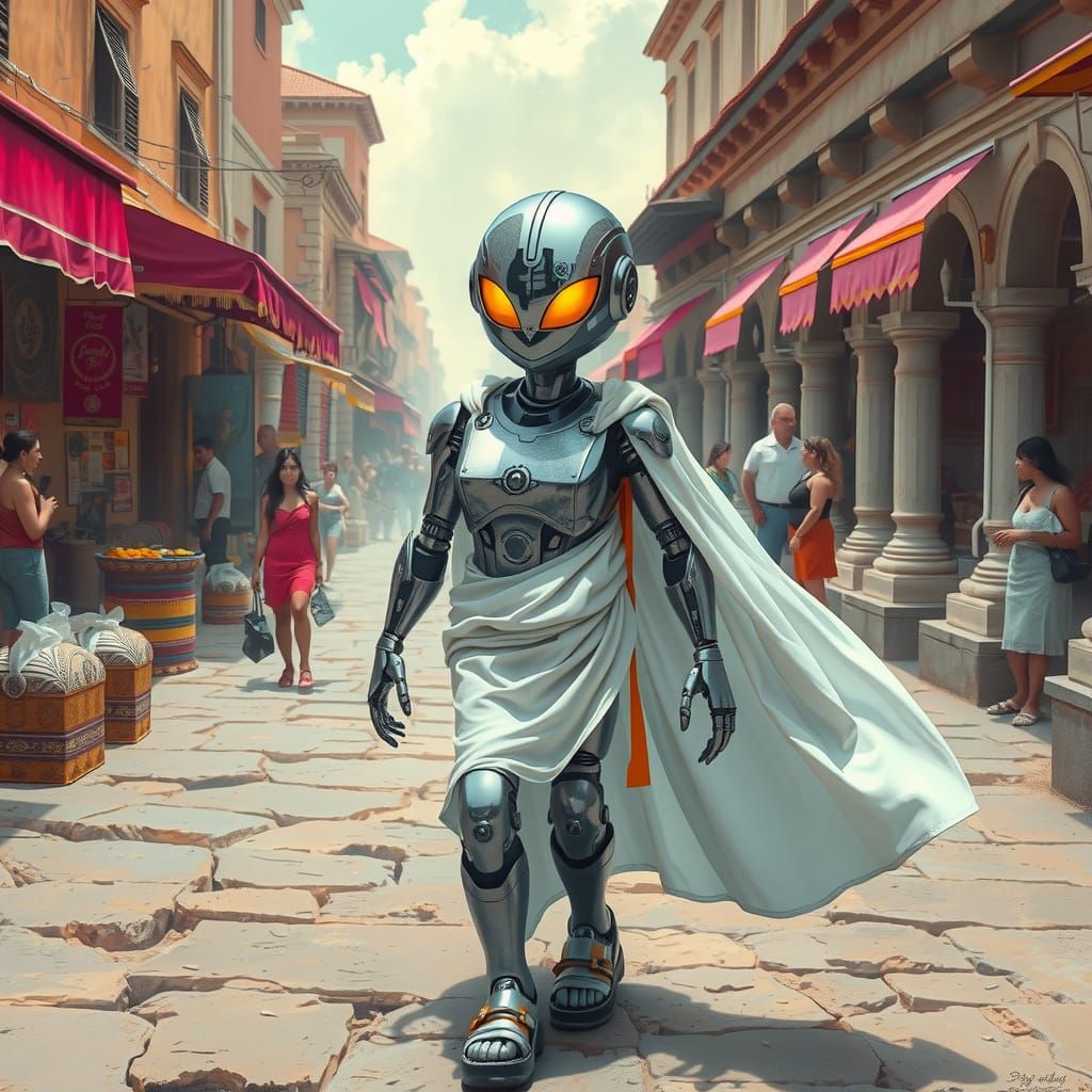 Robot Time Traveler in Ancient Rome, Cyberpunk Style