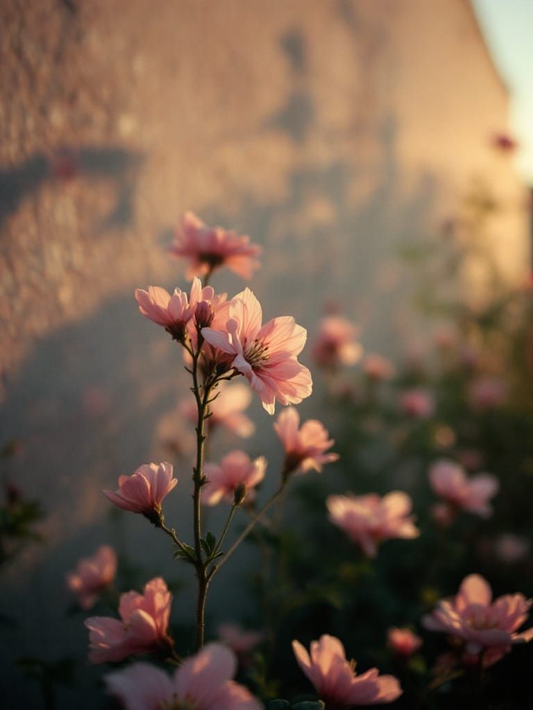 Delicate Pink Flowers in Warm Sunset Light
