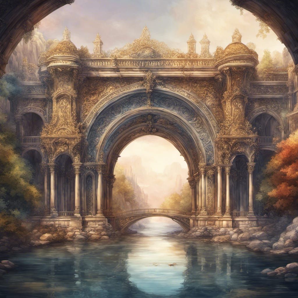 Ornate Arch Bridge in Watercolor Style