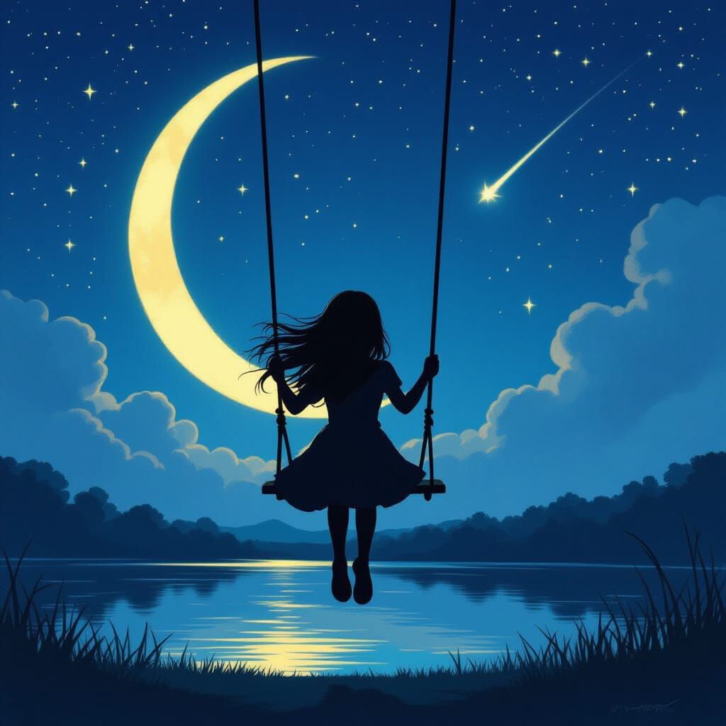 Girl on Cloud Swing Under Crescent Moon
