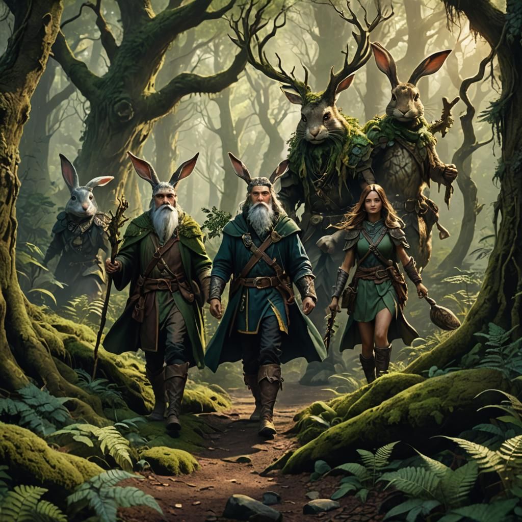 Fantasy Trio in Mystical Forest, Digital Art