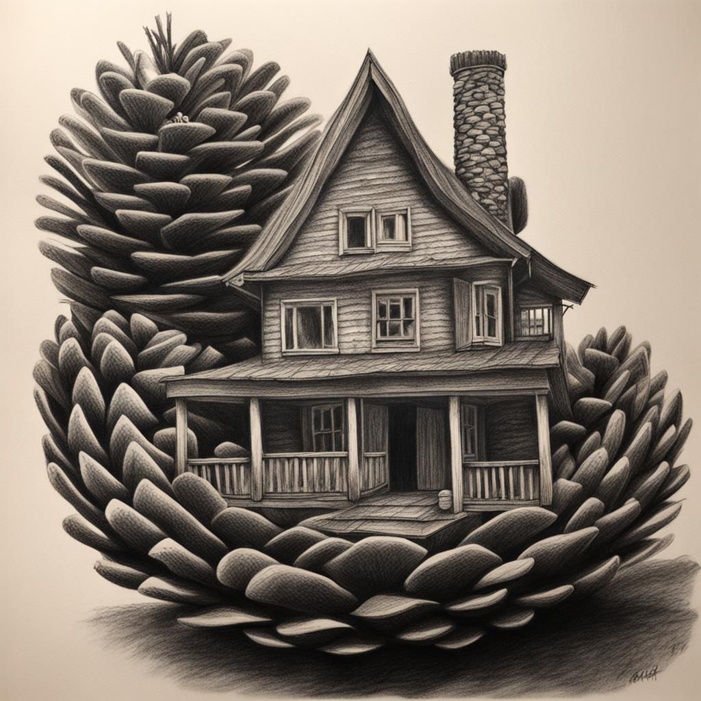 Hyperdetailed Charcoal Drawing: House Hidden in Pine Cone