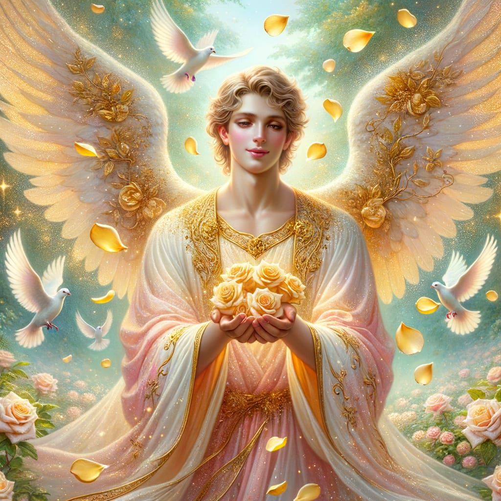 Angelic Figure Raining Rose Petals in Heavenly Garden