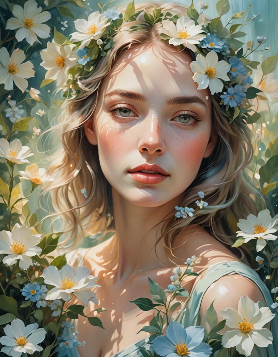 Ethereal Woman in a Surreal Floral Landscape