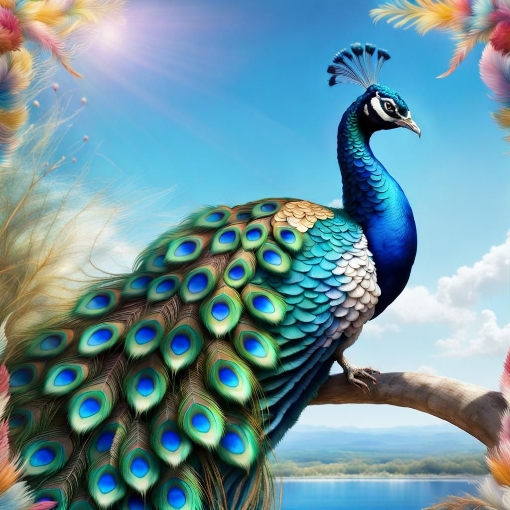 Colorful Peacock with Elaborate Feather Tail in 3D