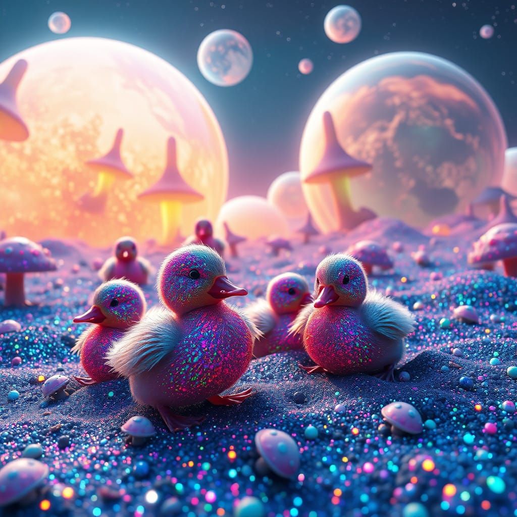 Surreal Ducklings in a Glittering, Interstellar Dreamscape