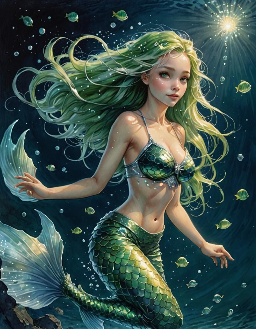 Luminous Mermaid Under Night Sky, Fantasy Illustration