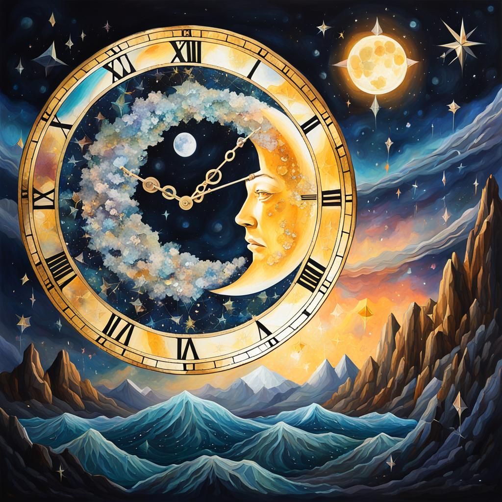 Crystalline Clock in Moon Sphere, Graffiti Art Style