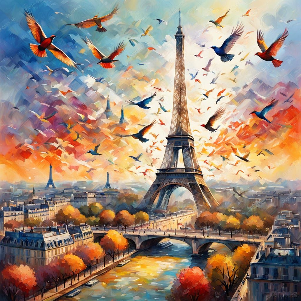 Birds Fly Over Paris in Splash Art Style