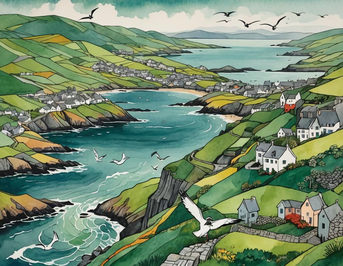 Dingle Peninsula: Geometric Watercolor Landscape with Seagul...