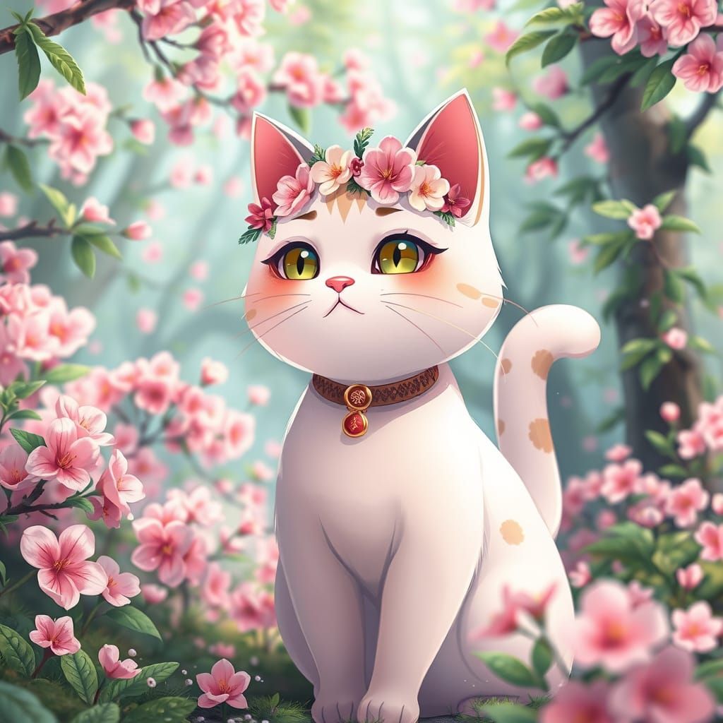 Whimsical Anime Cat in Cherry Blossom Forest