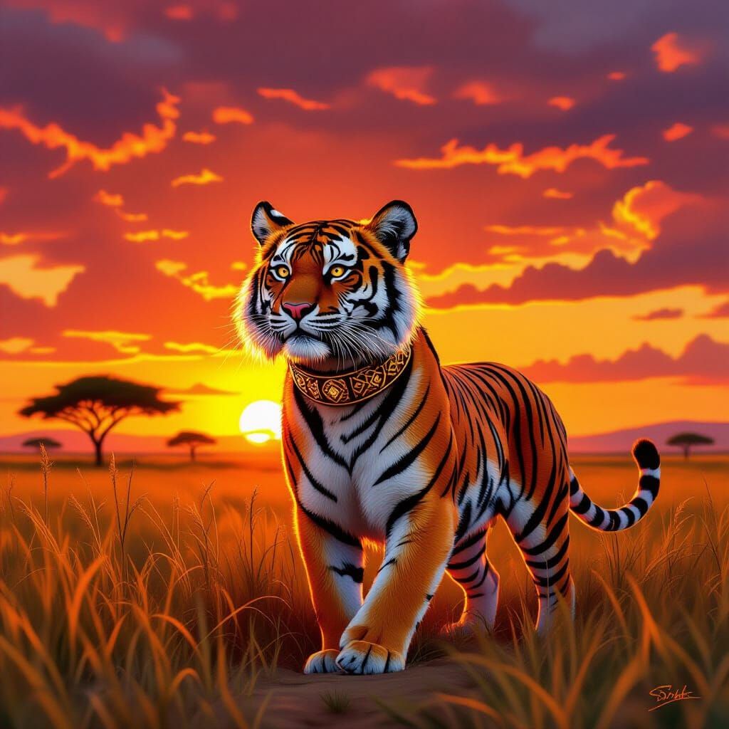 Scarlet Tiger Roaming African Savannah Sunset