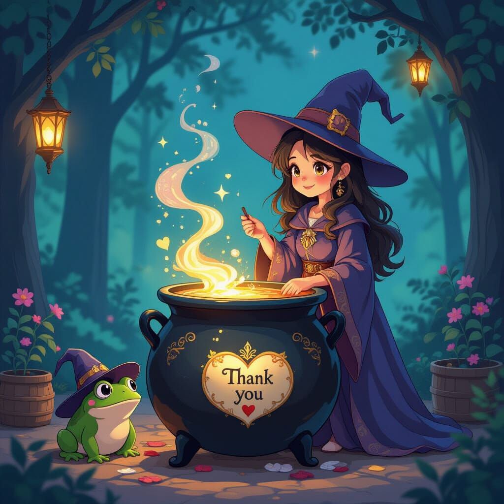 Young Witch Brews Potion Before Swirling Cauldron