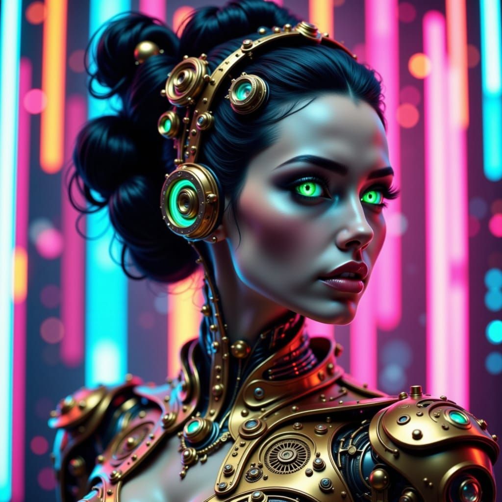 Cyberpunk Robot Woman in Victorian Gold Dress