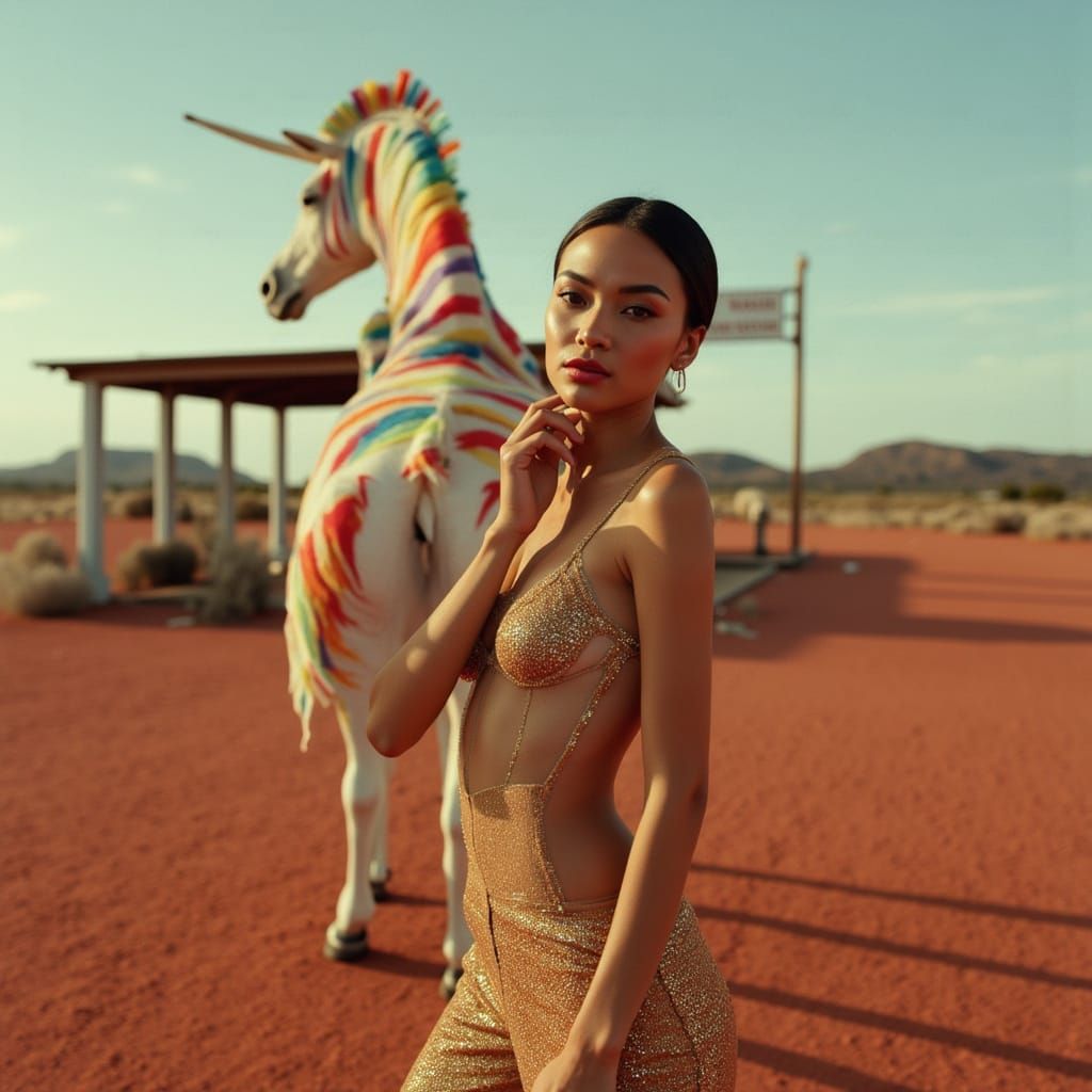Majestic Rainbow Zebra Unicorn in Desert Landscape
