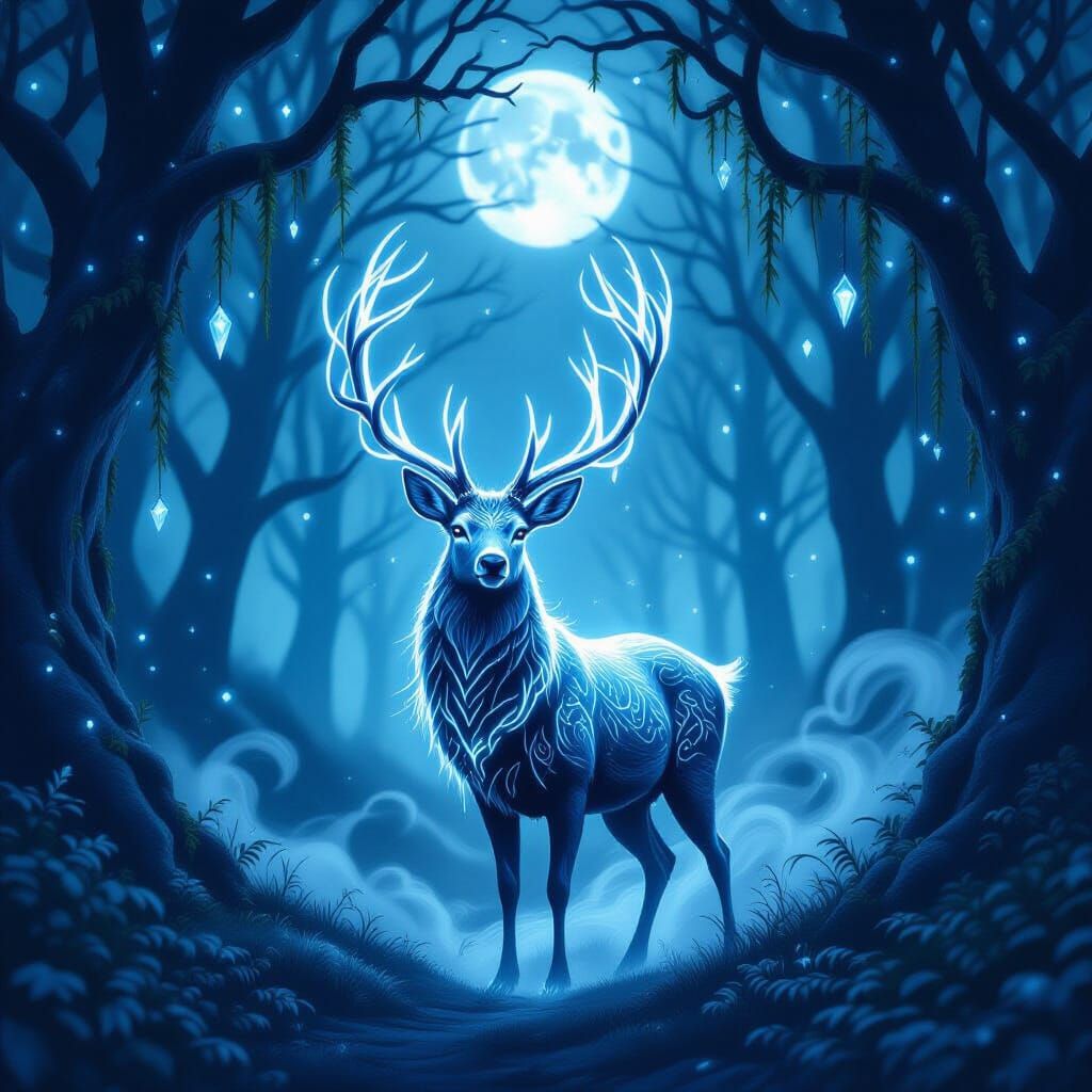 Mystical Deer with Glowing Antlers in Moonlit Forest