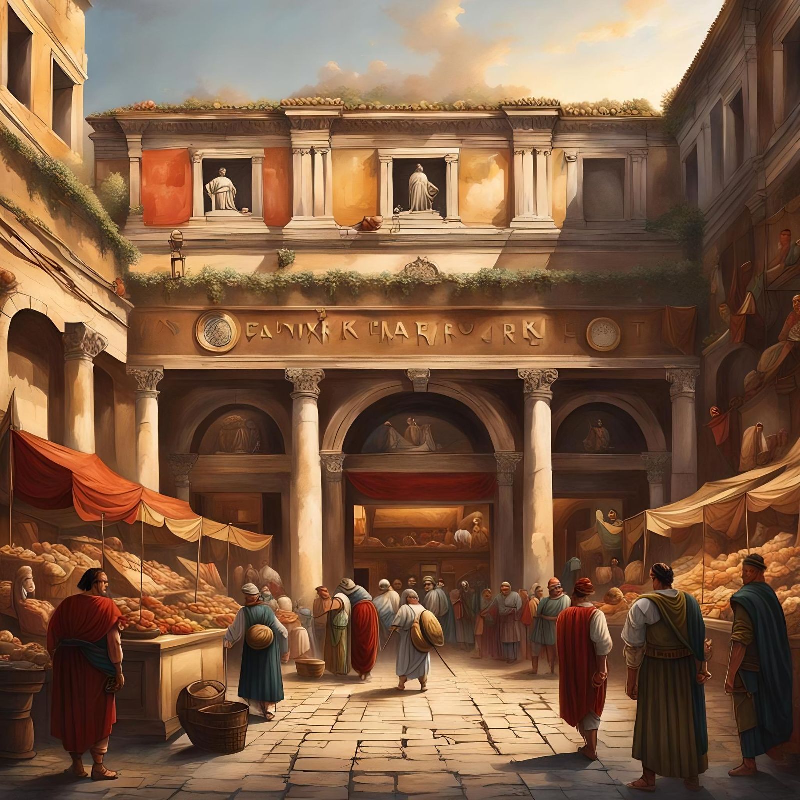 Vibrant Roman Market Entrance with Classic Figures