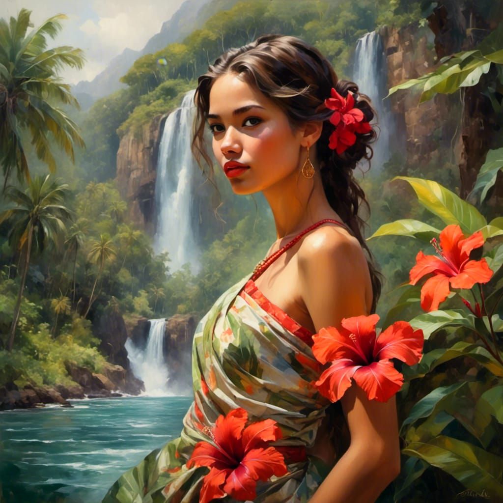 Young Hawaiian Girl Portrait with Flowers