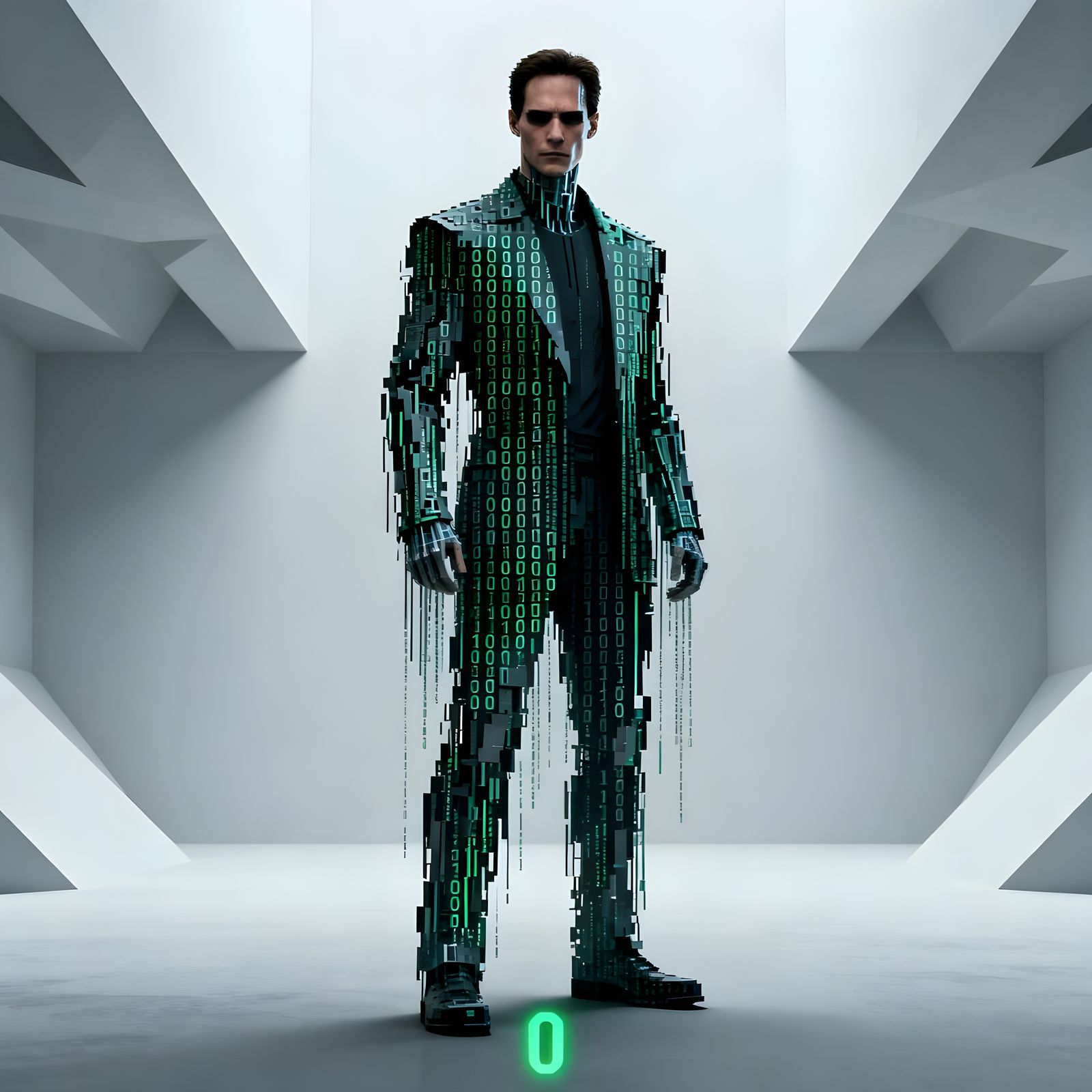 Neo as Glitching Digital Entity in Matrix Code Suit