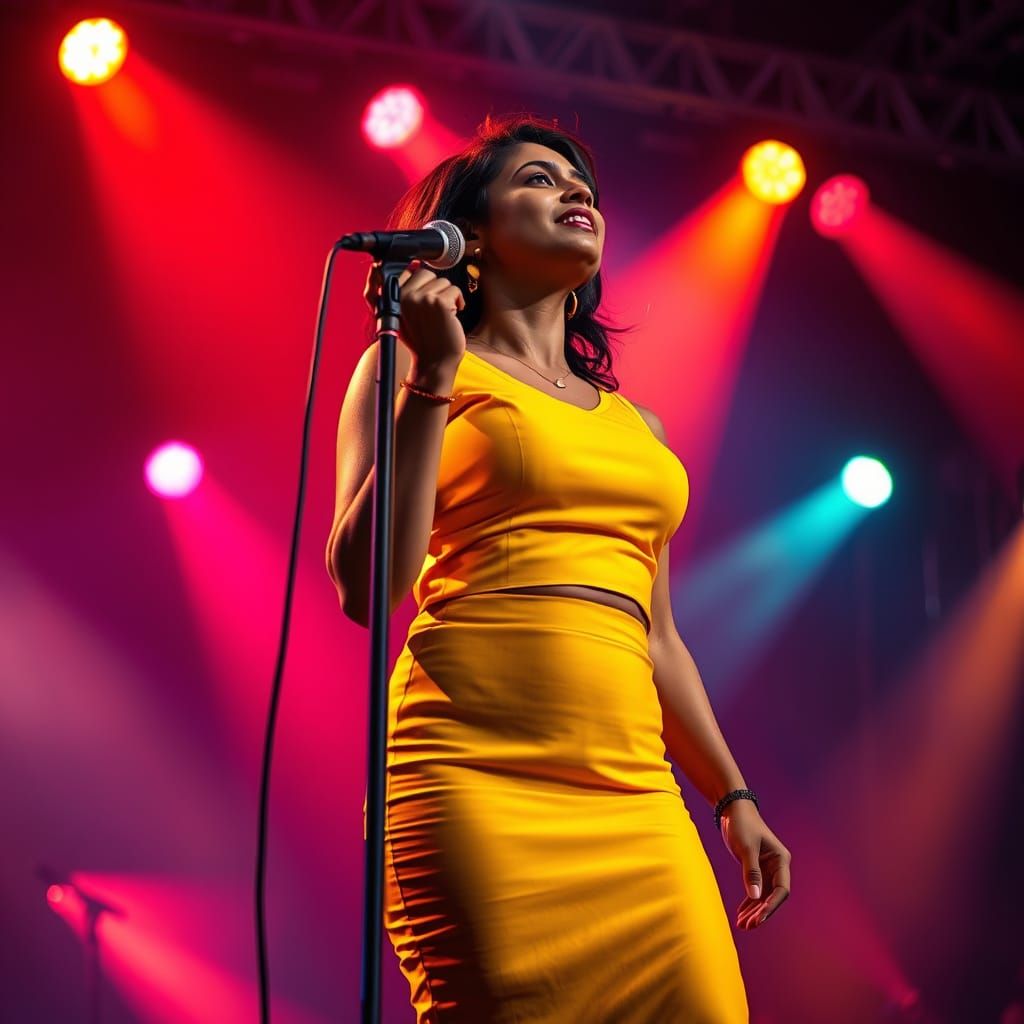Indian Woman Sings on Stage in Yellow Pencil Skirt
