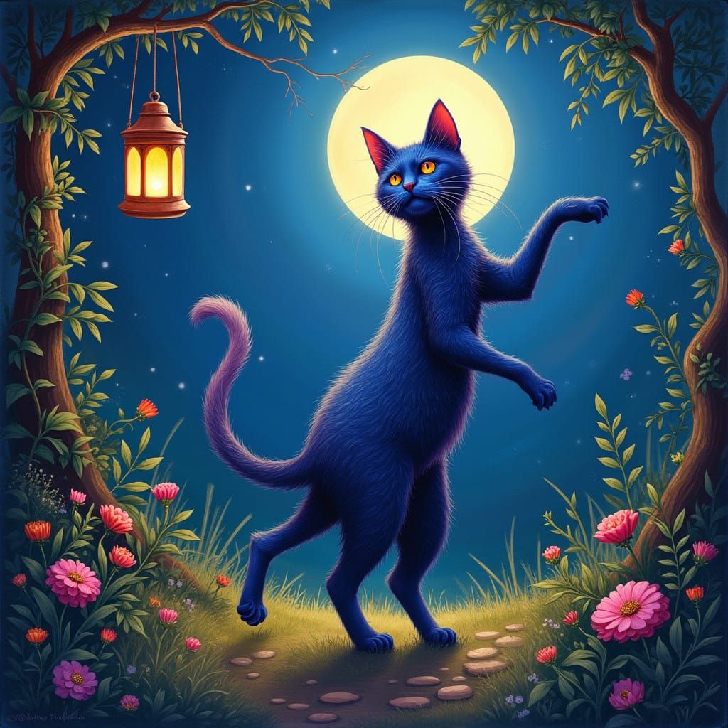 Whimsical Cat Dances Under Moonlit Garden