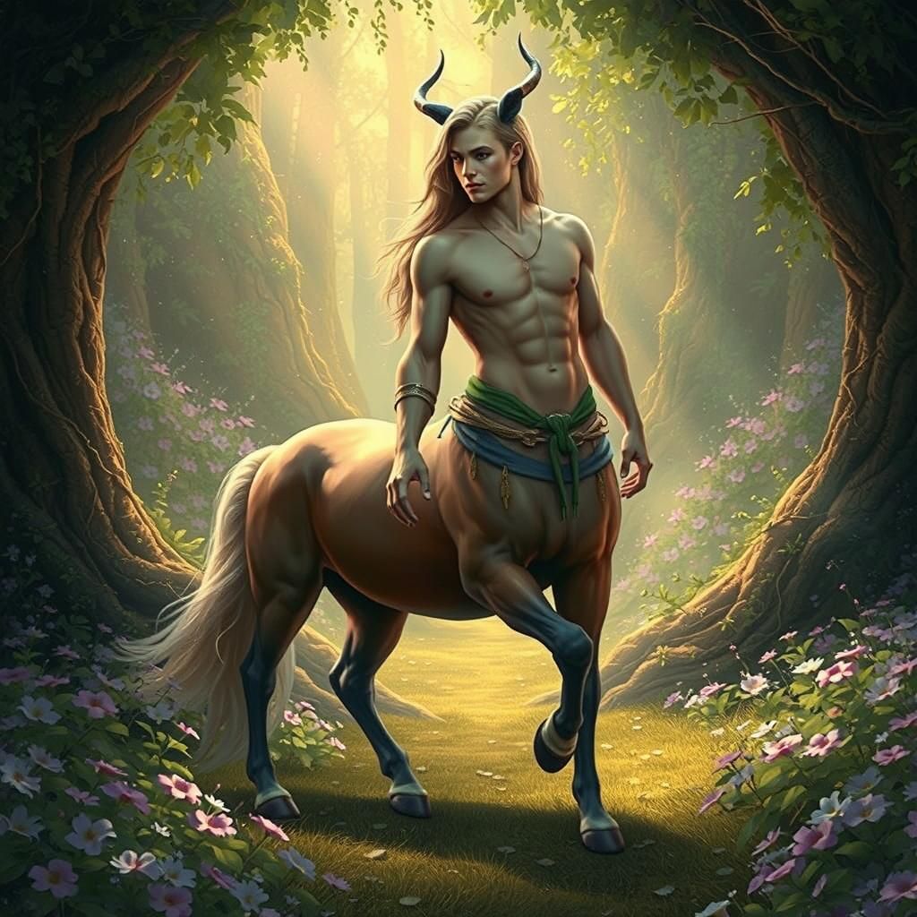 Enchanted Centaur in Forest Garden, Detailed Matte Painting